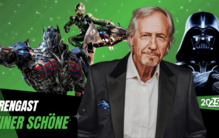 Reiner Schöne mit drei Figuren im Hintergrund für die er als Synchronsprecher gesprochen hat (Optimus Prime aus Transformers, Der grüne Kobold aus Spider Man und Darth Vader aus Star Wars.)