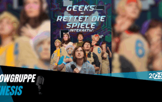 GenesiS Poster zu ihrem neuem Stück, Geeks 2 – rettet die Spiele, zeigt eine Gruppe an Cosplayer die nach oben schauen, als wäre da was bedrohliches.