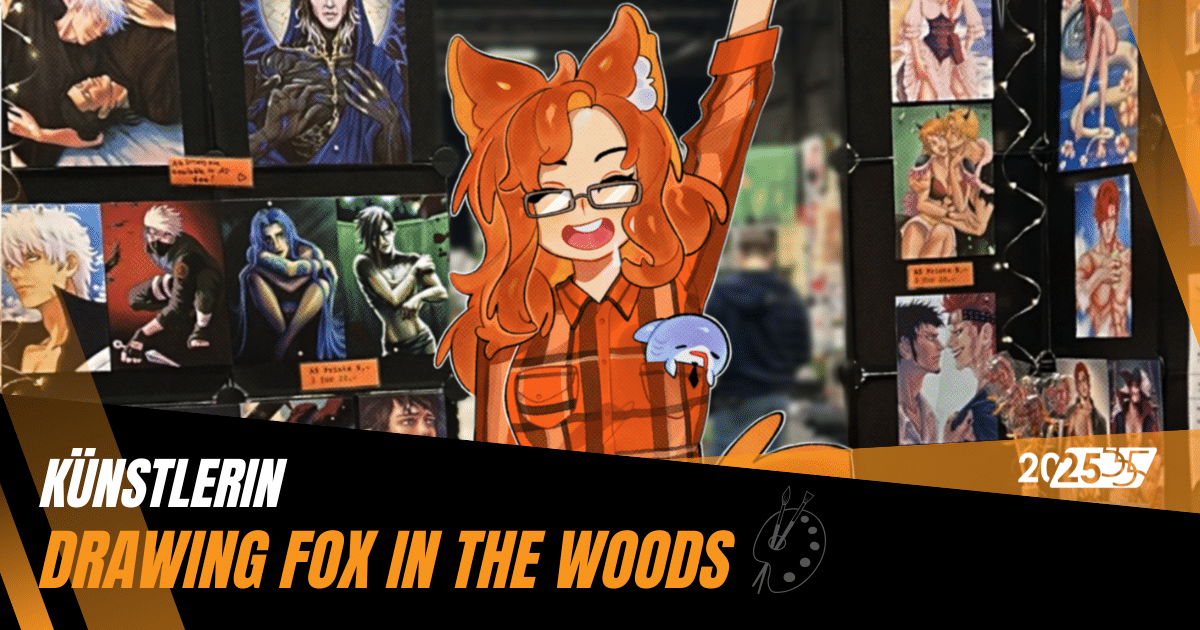 Drawing Fox in the Woods als gezeichnete Figur die winkt und ihr Stand.