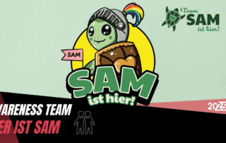 Die Schildkröte von Team SAM ist hier ist in der Mitte. rechts ist das Logo.