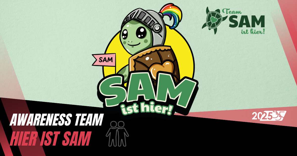 Die Schildkröte von Team SAM ist hier ist in der Mitte. rechts ist das Logo.