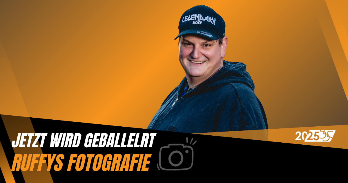 Fotograf Ruffy auf gelb/orangem Grund.