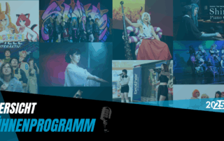 Collage verschiedener Showacts zum CosDay² 2025. Die isnd mit ienem blauen filter hinterlegt.