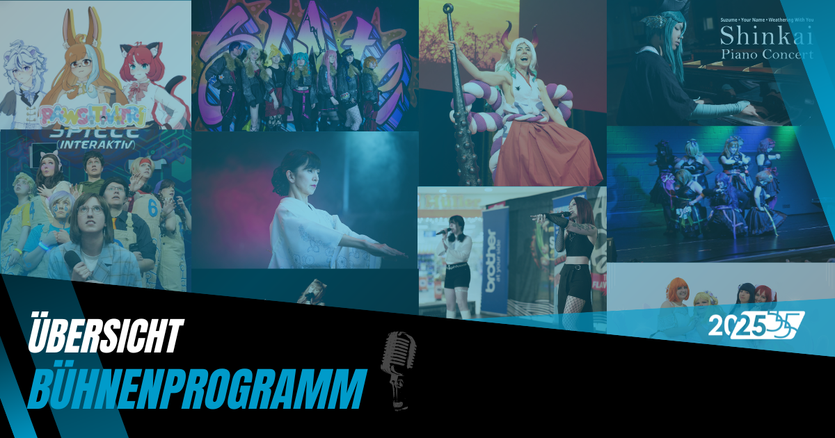 Collage verschiedener Showacts zum CosDay² 2025. Die isnd mit ienem blauen filter hinterlegt.