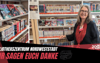 eine Mitarbeiterin des Bibliothekszentrum Nordwestadt vor einem Bücherergal.