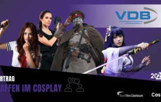 Bildercolage von verschiedenen Cosplayer*innen mit verschiedenen waffentypen.