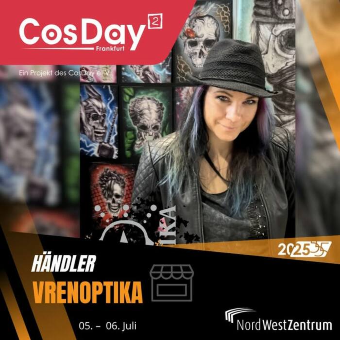 Hallo, liebe Kunst- und Anime-Fans! 🎨✨ Das ist Vrenoptika , eine leidenschaftliche Künstlerin und Customizerin aus Deutschland. Nach ihrem Modedesign Studium hat sie den Sprung in die Anime- und Fantasy-Szene gewagt, und seitdem hat die kreative Energie dieser Welten sie nicht mehr losgelassen! 💖

Eine ihrer ganz besonderen Schöpfungen ist die Schädel Serie „A long time ago in a SKULLLAXY far, far away…“🦸‍♂️💀, die fast vollständig mit Kugelschreiber gezeichnet wurde. Diese Reihe verbindet Science-Fiction mit fantastischen Elementen, und jedes Kunstwerk ist einzigartig in seinem Stil! 
Doch das ist noch nicht alles – sie ist auch eine Sneaker-Customizerin mit mittlerweile über 7 Jahren Erfahrung! 👟🎨 Sie customiziert Sneaker mit individuellen Designs – auch live, wenn sie gerade auf einer Convention oder einem Event ist! 😎✨
Seit 2024 bietet sie zusätzlich BleachArt Fashion an – jedes Stück ist ein Unikat und wird mit viel Hingabe und Liebe zum Detail gefertigt. 👚💫 

Was bietet sie euch an?
Drucke in verschiedenen Größen: A3, A4, A5, A6 (Kartengröße) 📄
Sticker und Buttons, die eure Sammlung bereichern ✨
Originalzeichnungen für eure Wände oder eure Sammlung 🖼️
Kissen, Decken, Tassen – alles mit meinen einzigartigen Designs 🛋️☕
Acrylglasprints für einen modernen Touch in jedem Raum 🌟
Print-Shirts – tolle Designs, die eure Liebe zu Anime und Fantasy zeigen 👕
Bleach-Shirts – jedes Stück ist ein absolutes Unikat, das es nur bei mir gibt! 😍

Also, kommt vorbei, lasst euch von ihren Kreationen verzaubern!💖🎉 Ihr findet sie im Erdgeschoss unter der Standnummer H-108.

Der CosDay² findet am 5.-6. Juli 2025 in Frankfurt am Main statt!
Tickets gibt es an der Tageskasse oder im Vorverkauf unter cosday.org !
Wir freuen uns auf euch!

 #cosday #cosday2025 #event #convention #vrenoptika #sneakercustomizer #skulls