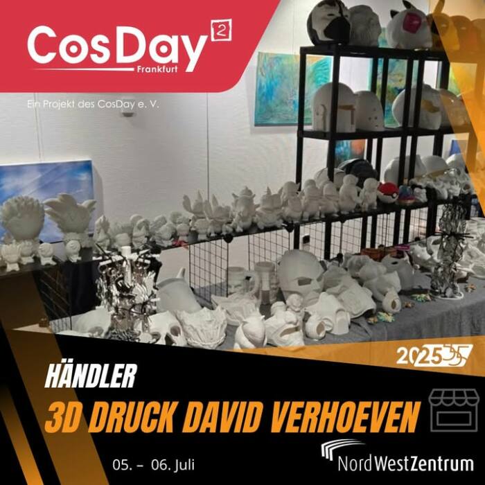 David Verhoeven, als leidenschaftlicher 3D-Designer und 3D-Drucker, kreiert und druckt er alles, was das Herz begehrt – von epischen Cosplay-Helmen, faszinierenden Masken 🎭 und beeindruckenden Props 💥 bis hin zu kreativen Schlüsselanhängern 🗝️ und noch vielem mehr. Im Regelfall bearbeitet er auch die Helme nach, lackiert und baut LEDs ein, sodass sie sofort einsatzbereit sind! ✨

Wenn ihr euch sagt, “Yupp, das schaue ich mir mal an”, dann findet ihr ihn im Obergeschoss mit der Standnummer H-205.! 🎉💖

Der CosDay² findet am 5.-6. Juli 2025 in Frankfurt am Main statt!
Tickets gibt es an der Tageskasse oder im Vorverkauf unter cosday.org !
Wir freuen uns auf euch!

#cosday #cosday2025 #event #anime #convention #marktplatz #3d #druck #3d-designer