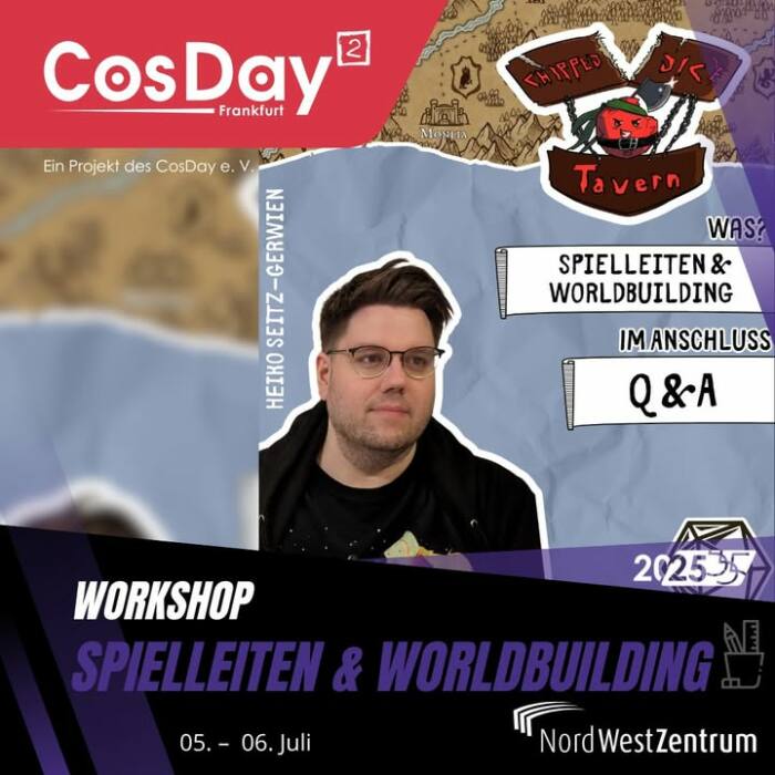 Tauche ein in die Welt des Rollenspiels!🎲🏰

Die Chipped Dice Tavern lädt euch zu einem spannenden Workshop ein, der ganz im Zeichen der Rollenspielkunst steht. Ob ihr den Spieltisch leitet, fesselnde Geschichten spinnt oder fantastische Welten erschafft, hier bekommt ihr das Handwerkszeug dafür an die Hand.✍️📜

Erfahrt praxisnah, wie man kreative Abenteuer entwickelt,💪🧠 Charaktere zum Leben erweckt und eine mitreißende Atmosphäre am Spieltisch erschafft.🗺️✨ Im Anschluss könnt ihr in einer offenen Q&A-Runde eure Fragen stellen, euch mit Gleichgesinnten austauschen und neue Inspiration für eure eigenen Runden sammeln. Lasst eurer Fantasie freien Lauf!🤗🌟

Der CosDay² findet am 5.-6. Juli 2025 in Frankfurt am Main statt!
Tickets gibt es an der Tageskasse oder im Vorverkauf unter cosday.org !
Wir freuen uns auf euch!

#cosday #cosday2025 #event #anime #convention #penandpaper #chippeddicetavern #rollplay #abenteuer #play
