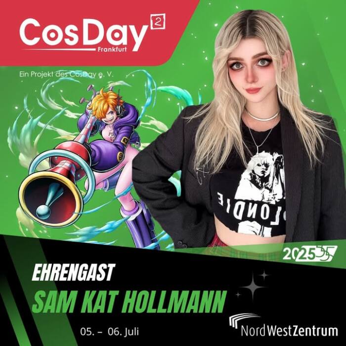 Sam ist Synchronsprecherin, Content Creator, Musikerin und Cosplayerin aus Frankfurt am Main.
Bekannt ist Sam vor allem als deutsche Stimme von Vegapunk Lilith (One Piece), Kurumi (City Hunter), Kai (Kamikatzu) sowie als Deutsche Stimme von 
Renata Vaca (Saw X).
Sam ist in der Cosplay- und Creator-Szene aktiv und begeistert online mit kreativen Looks, starken Charakter-Darstellungen und eigenem Content.
Als Sängerin und Texterin der Punkband THE PILL eroberte die Frankfurterin innerhalb kürzester Zeit die Bühnen Deutschlands. Ihr Debütalbum Hollywood Smile zählt bereits über eine halbe Million Streams - und neue Musik steht bereits in den Startlöchern.

Sam: „Ich freue mich riesig auf den CosDay², denn ich verbinde viele schöne Erinnerungen mit dieser Convention. Die Menschen, die diesen wundervollen Tag auf die Beine stellen, haben mich auf meinem Weg aktiv unterstützt und inspiriert.
Sprecht mich vor Ort gerne jederzeit an - und lasst euch anschreien, hehe. Ich bringe auf jeden Fall eine große Kanne Tee mit! 🤖💜💫“

Der CosDay² findet am 5.-6. Juli 2025 in Frankfurt am Main statt!
Tickets gibt es an der Tageskasse oder im Vorverkauf unter cosday.org !
Wir freuen uns auf euch!

#cosday #cosday2025 #event #animeconventions #Abenteuer #Ehrengast #SamKat #synchronsprecherin #onepiece #lillith