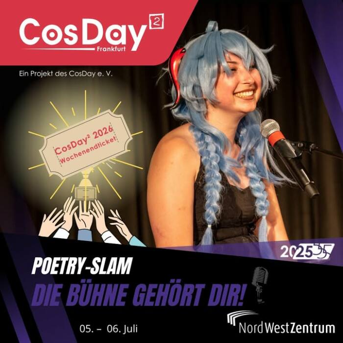 Poetry-Slam auf dem CosDay – The stage is yours!

Schlummert in dir ein Dichter? Schreibst du gerne über das Leben, deine Träume oder einfach über das, was dich bewegt? Dann tritt ans Mikrofon, denn jeder Text ist willkommen! Ob humorvoll, nachdenklich, dramatisch oder fantastisch: Solange der Text aus deiner eigenen Feder stammt, steht deiner Fantasie  nichts im Weg.
Doch ein Poetry-Slam ist mehr als nur eine Bühne – es ist ein Wettstreit der Worte! Hier die Spielregeln:

📍 Wann & Wo? Am Samstag um 18:00. Auf der kleinen Bühne im Untergeschoss. 
📝 Dein Text, deine Stimme: Keine Requisiten (Nur auf Absprache), keine Musik – nur du und deine Worte!
🎭 Künstlerische Freiheit: Dein Text muss selbst verfasst sein, aber Stil und Genre wählst du!
🏆 Jury: Das Publikum entscheidet!

Wer am meisten überzeugt, wird gefeiert und erhält ein Wochenendticket für den CosDay² 2026!!

★ Special:
Für den Poetry Slam benötigt ihr kein Ticket!  Meldet euch per E-Mail an und wir holen euch für die Teilnahme am Eingang ab. Sofern noch Plätze frei sind, gibt es für Last-Minute-Teilnehmer auch eine Anmeldeliste an der Kasse. Die Startreihenfolge wird vor Ort ausgelost, also sei rechtzeitig da!

Du willst dabei sein oder hast Fragen?
Melde dich per E-Mail an: poetryslam@cosday.org

Der CosDay² findet am 5.-6. Juli 2025 in Frankfurt am Main statt!
Tickets gibt es an der Tageskasse oder im Vorverkauf unter cosday.org !
Wir freuen uns auf euch!

#cosday #cosday2025 #event #anime #convention #nwz #frankfurt #poetryslam #poetrychallenge #timetowin